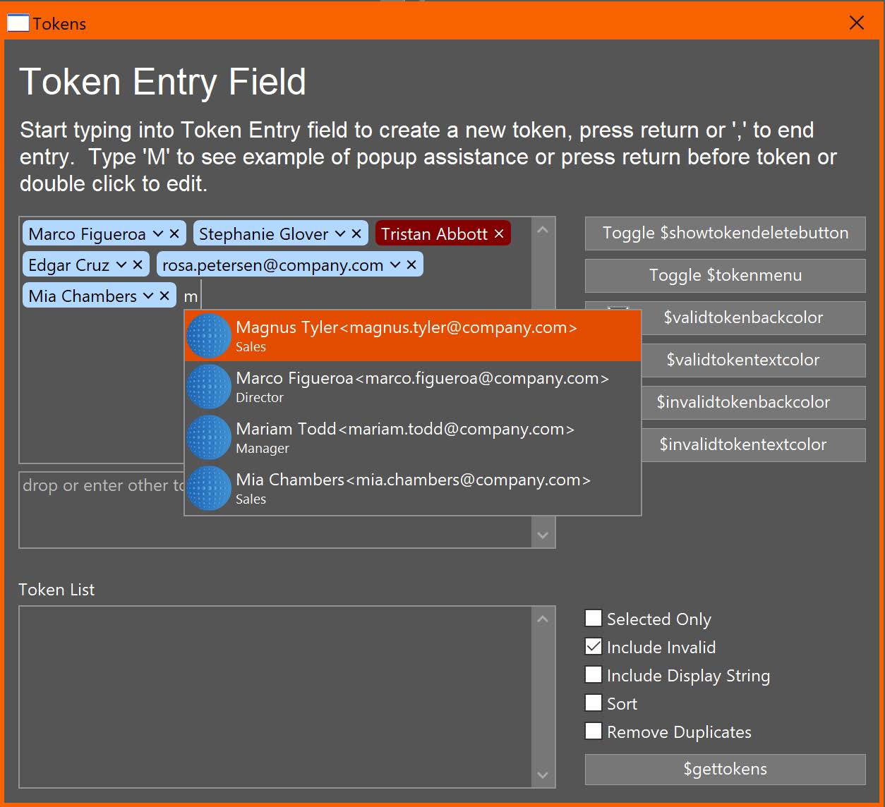 Token entry field